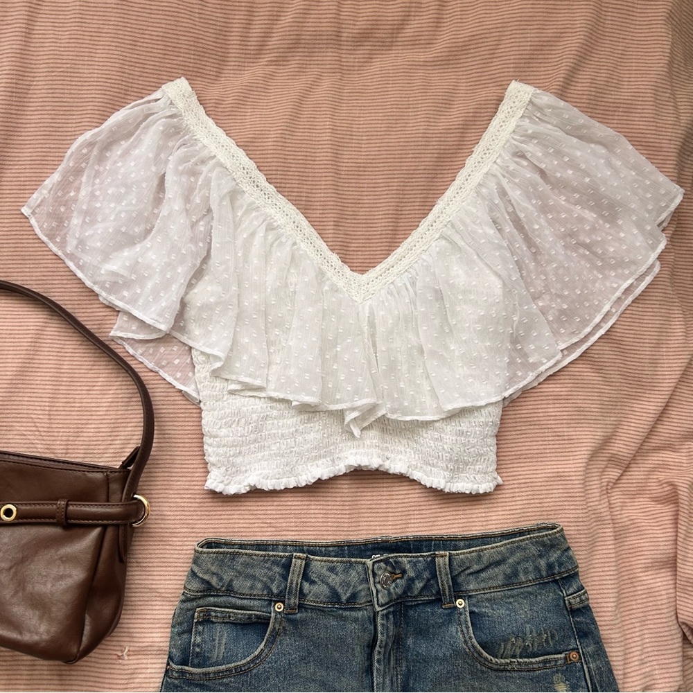 Forever 21 White Off-Shoulder Swiss Dot Ruffle Crop Top